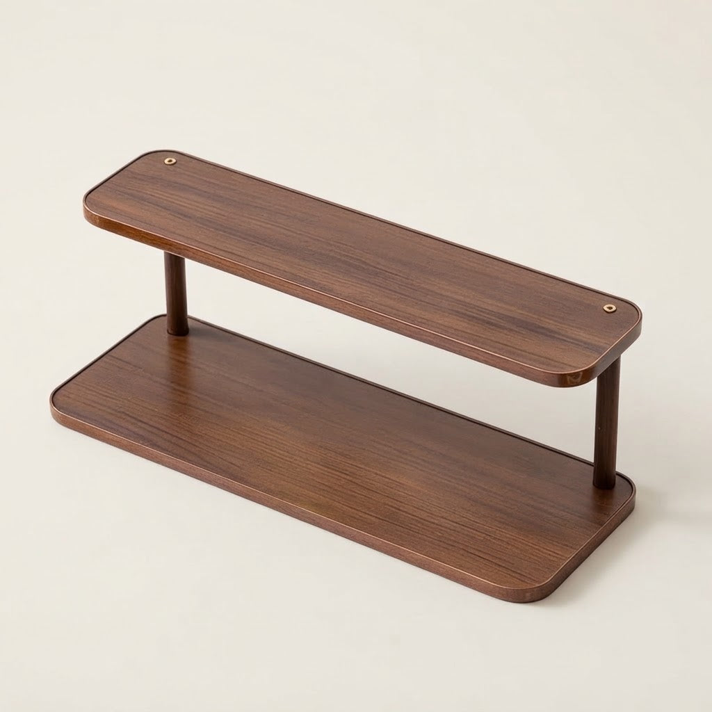 Two-tier kitchen shelf rack in dark brown bamboo with rounded top shelves