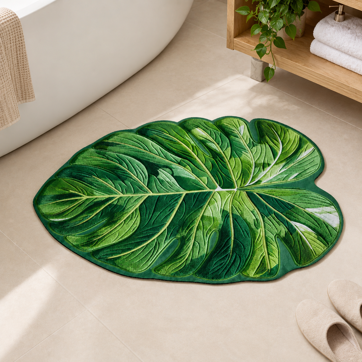 Monstera leaf non-slip bath mat, green leaf pattern with rounded border