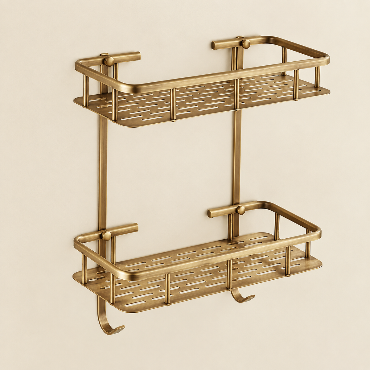 Two-tier solid brass slatted shower caddy with mounting post and side hooks