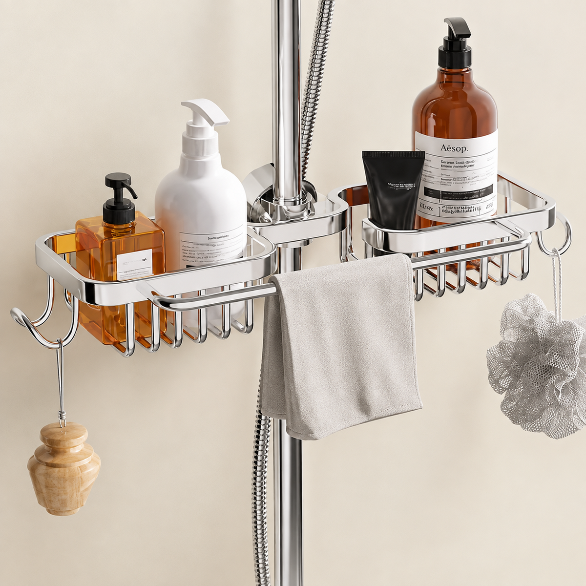 Shower riser rail caddy with chrome shelves, bottle holder, and hanging towel