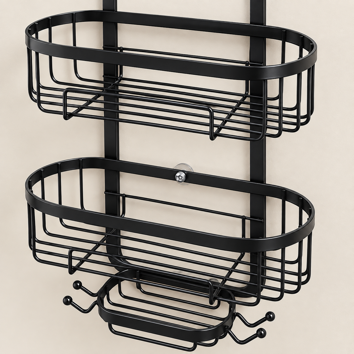 Black two-tier hanging wire shower caddy with long top basket and side hooks