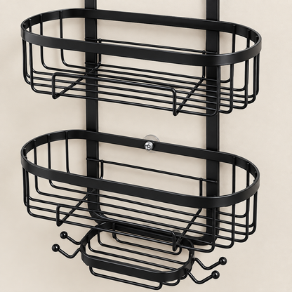 Black two-tier hanging wire shower caddy with long top basket and side hooks