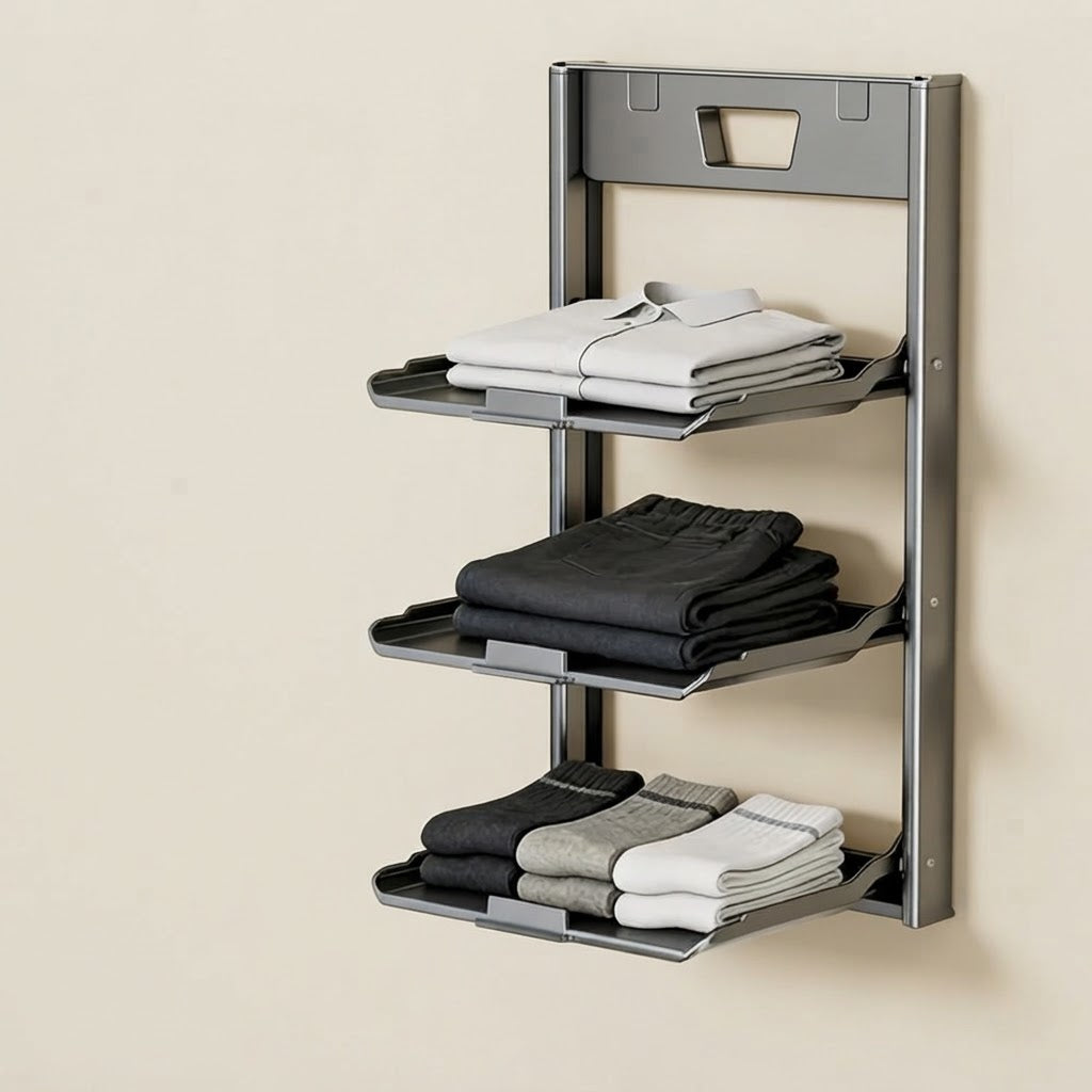 Foldable wall storage rack, 3-tier metal shelves with hinged front panel