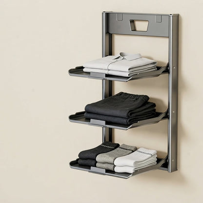 Foldable wall storage rack, 3-tier metal shelves with hinged front panel