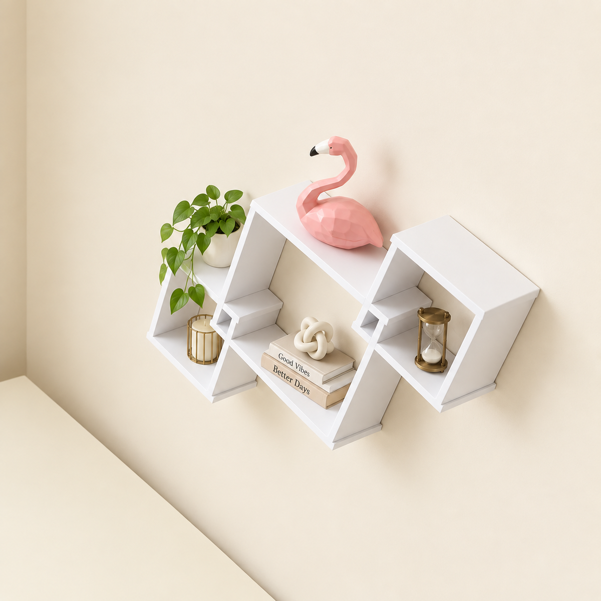 White modular cube wall shelf with open cubbies, styled with decor