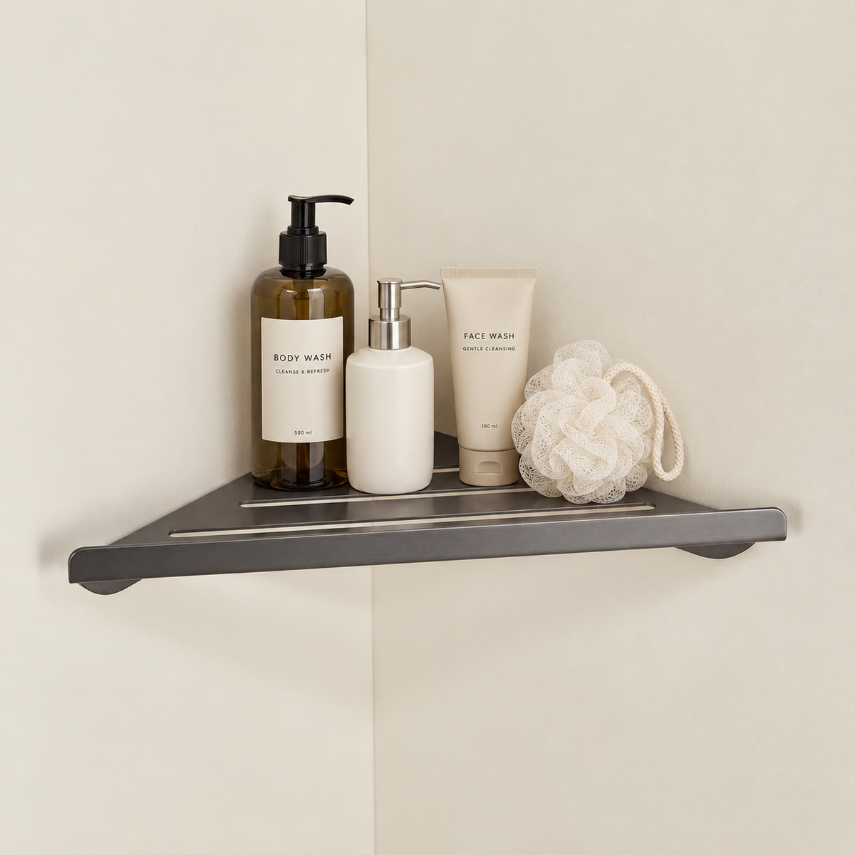 Grey stainless steel slatted corner shelf with three bar openings.