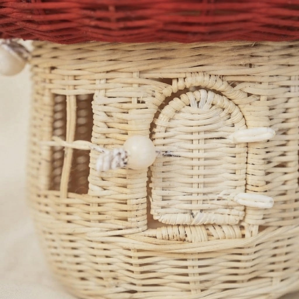 Muris woven rattan mushroom storage basket close-up of woven door and handle detail