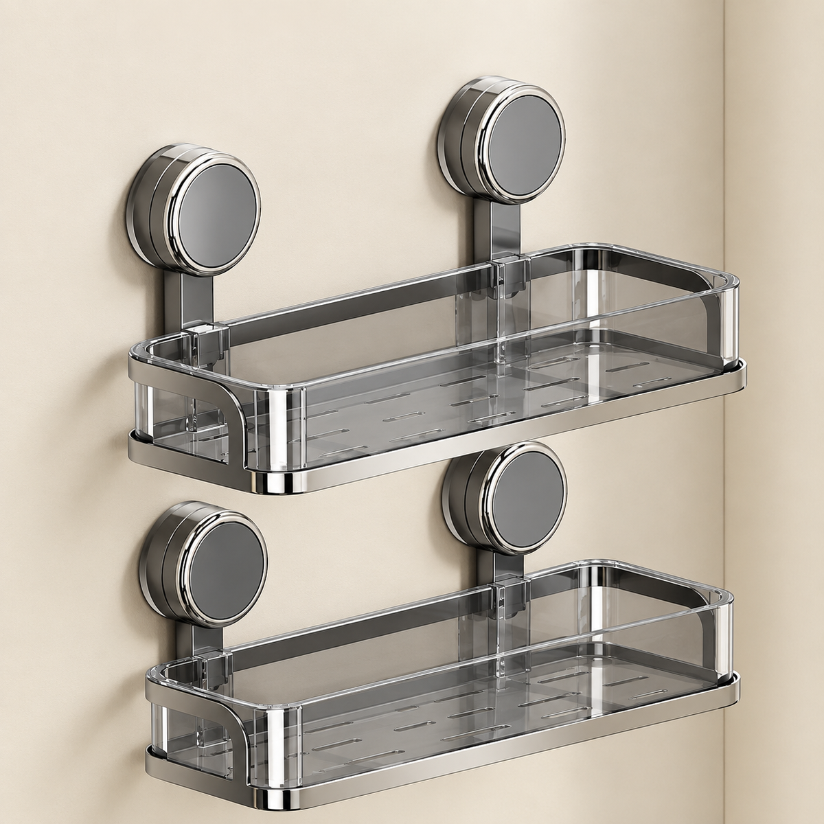 Korva suction-cup shower caddy with clear acrylic shelves and grey mounts, 2 tiers.