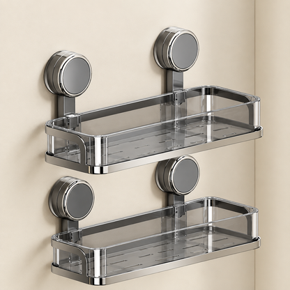 Korva suction-cup shower caddy with clear acrylic shelves and grey mounts, 2 tiers.