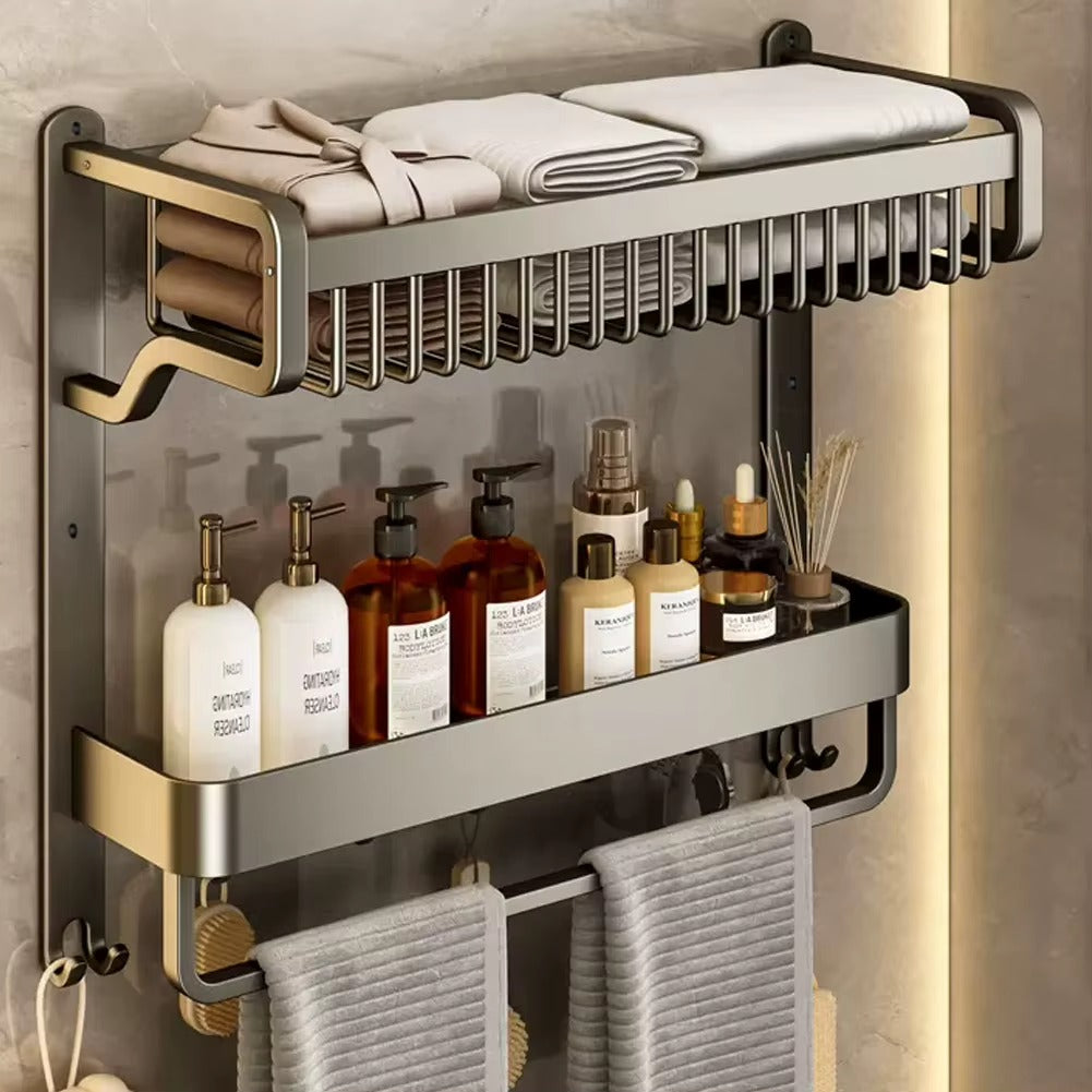 Wall-mounted aluminum shelf with towel bar, two bottle shelves, hooks, and folded towels