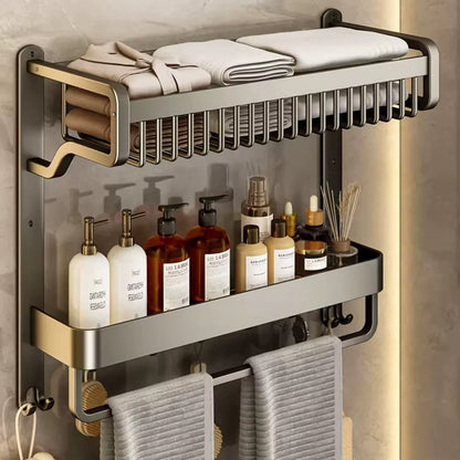 Wall-mounted aluminum shelf with towel bar, two bottle shelves, hooks, and folded towels