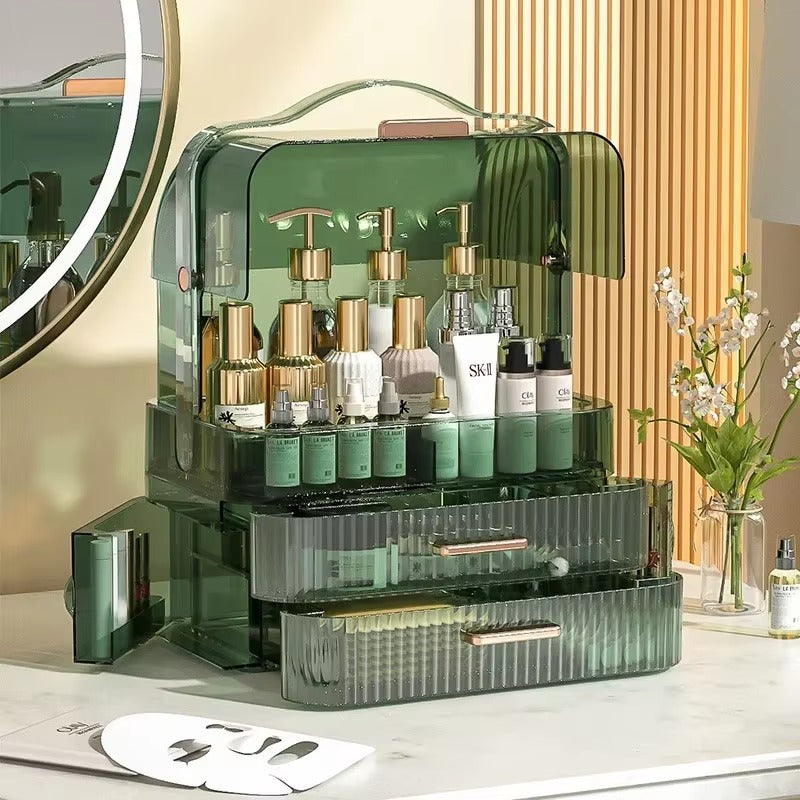 Green multi-tier makeup organiser with lid, tiered storage for cosmetic bottles