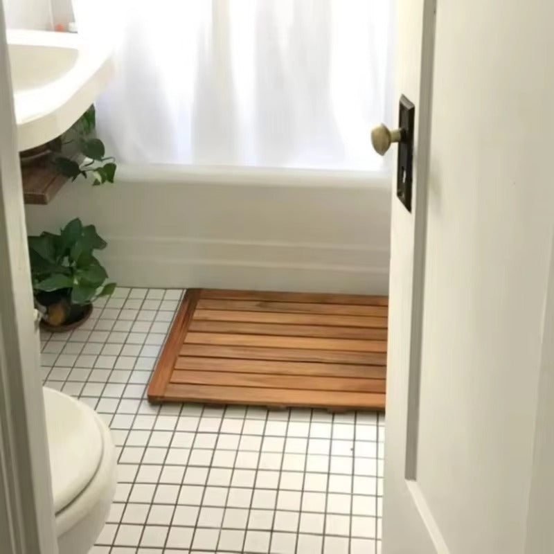 Teak slatted non-slip bath mat with rectangular wooden border