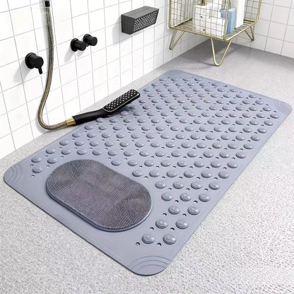 Non-slip shower mat with foot scrubber, grey textured bumps and oval mesh pad