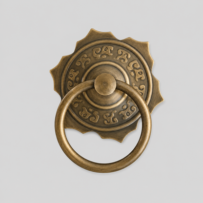 Bronze brass pull ring door knocker with ornate rosette and round strike plate