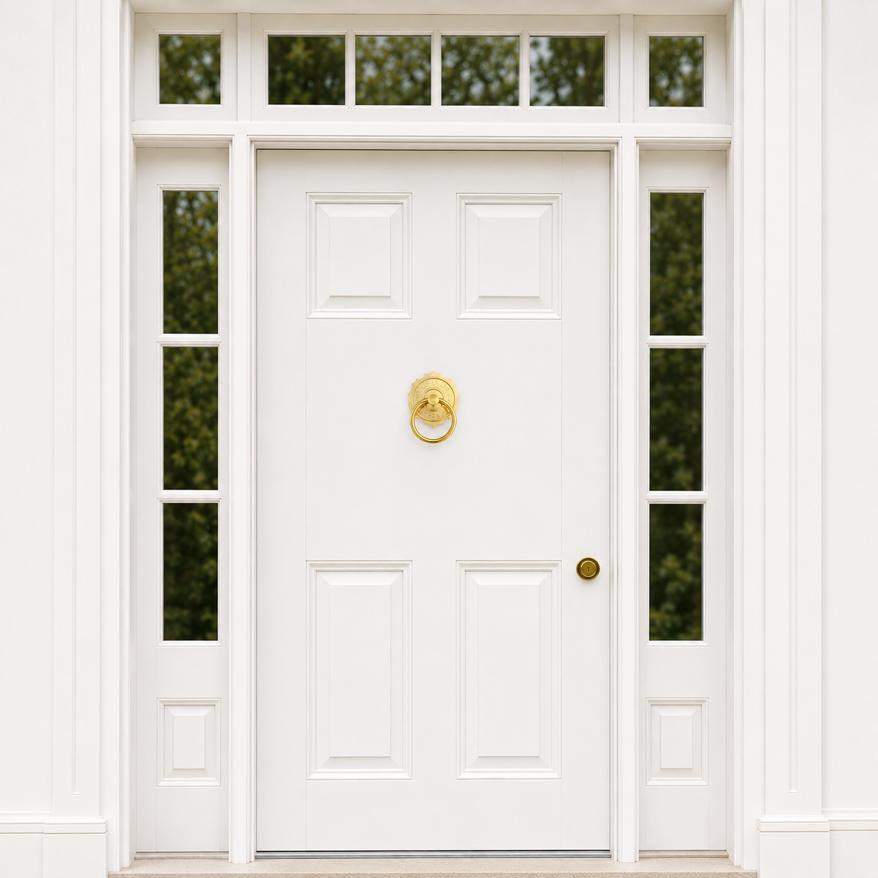Gold brass pull ring door knocker on front door, ornate rosette with round strike