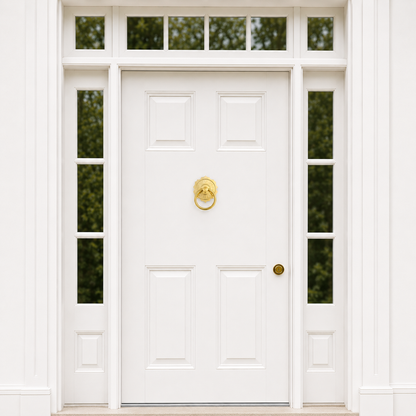 Gold brass pull ring door knocker on front door, ornate rosette with round strike