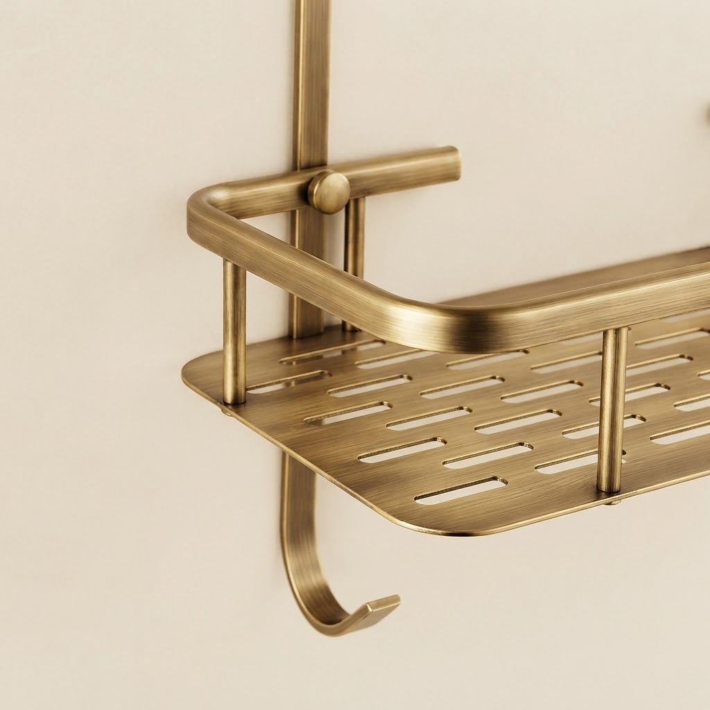 Single-shelf solid brass slatted shower caddy close-up with mounting brackets