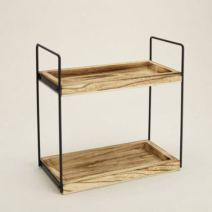 Side view of 2-tier wooden kitchen worktop rack with black metal frame