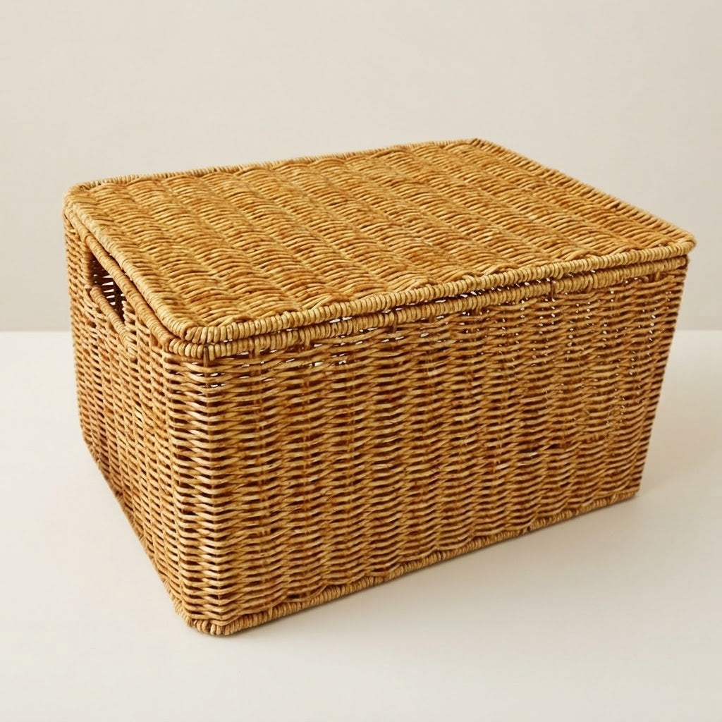 Rattan storage chest with lid, woven wicker finish in light tan