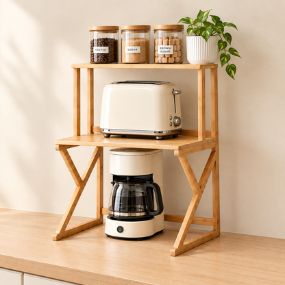 Lorvi wooden 2-tier kitchen worktop shelf with toaster and coffee maker