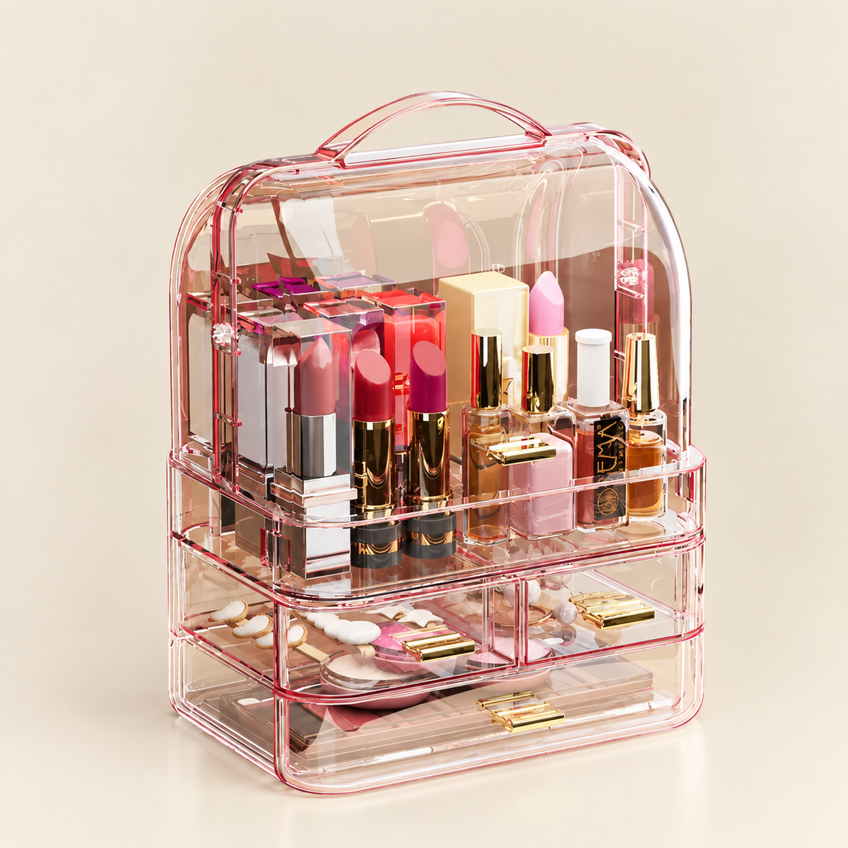 Multi-tier lidded makeup organizer with clear drawers and hinged lid, pink-tinted frame
