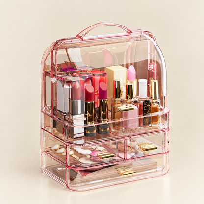 Multi-tier lidded makeup organizer with clear drawers and hinged lid, pink-tinted frame