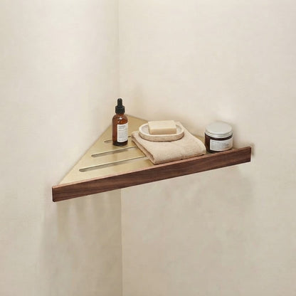 Walnut wood floating corner shelf with gold slatted drainage insert, single tier