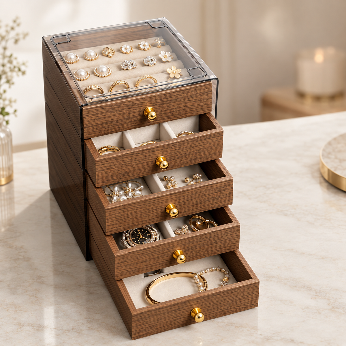 Walnut wood jewelry box with clear glass lid, gold knobs, and stacked drawers
