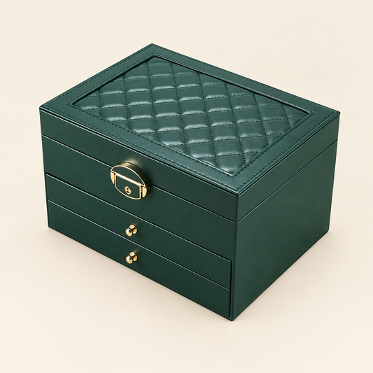 Green leather quilted jewelry box with hinged lid, front drawers, and gold-tone latch