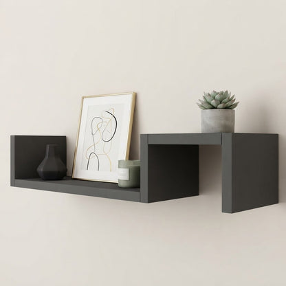 Black wooden geometric wall shelf with open cubby and side panel