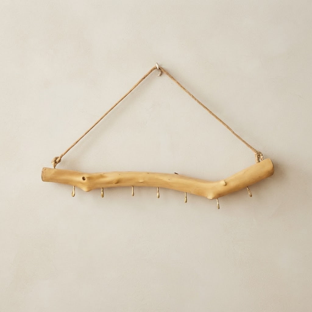 Light wood branch multi-hook rail with rope hanger and metal hooks along the curve
