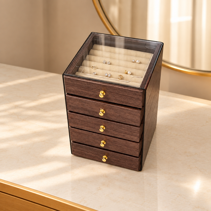 Walnut wood jewelry box with clear glass lid and multiple gold-knob drawers
