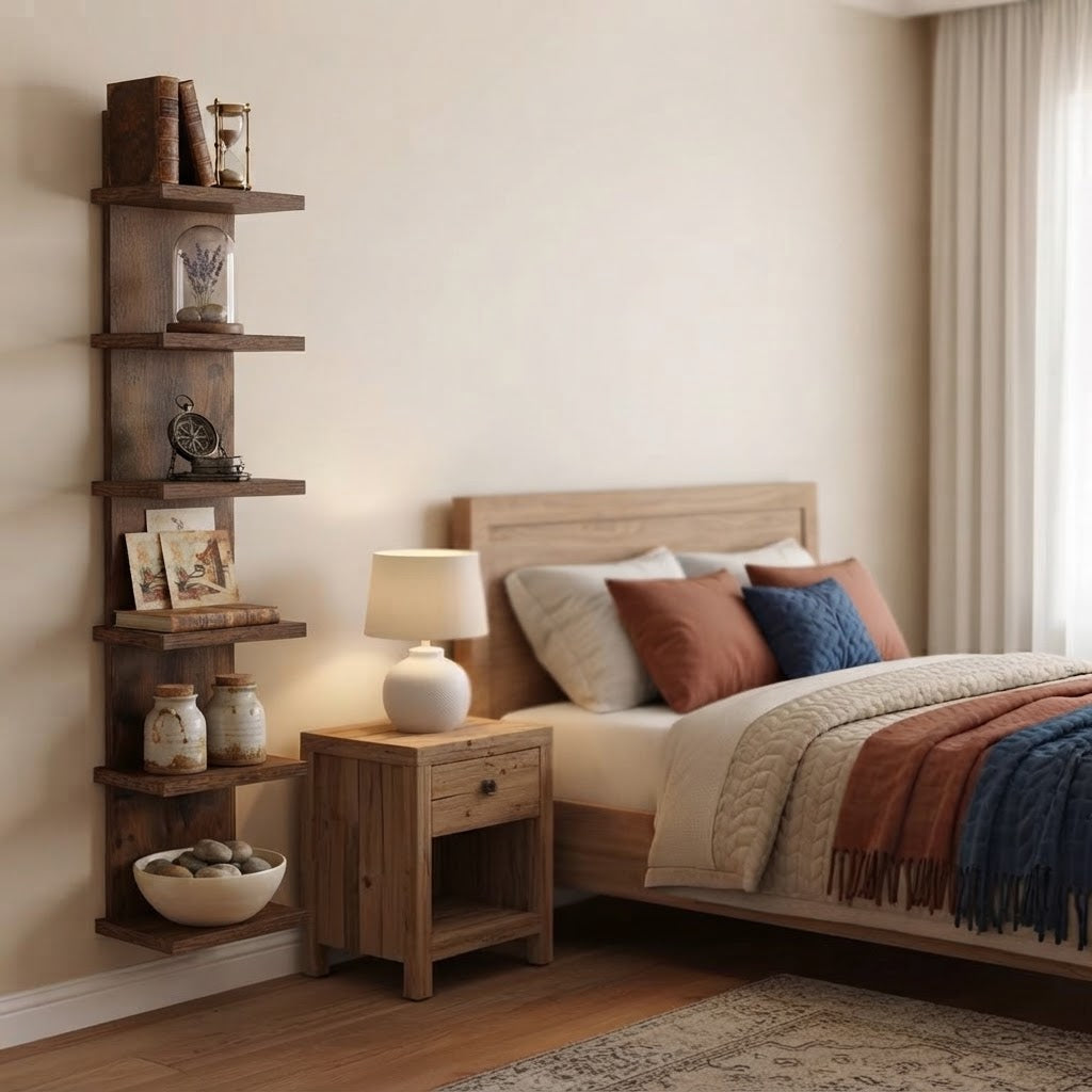 Rustic wooden 5-tier wall shelf mounted on wall with decorative items