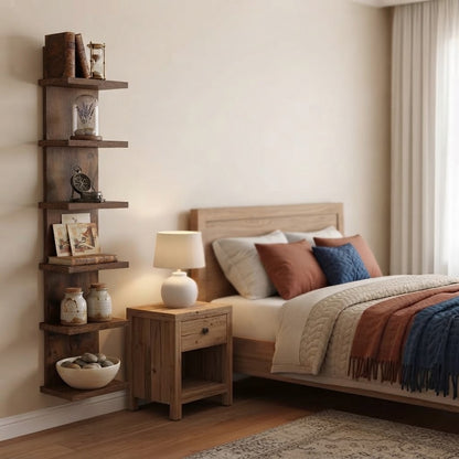 Rustic wooden 5-tier wall shelf mounted on wall with decorative items