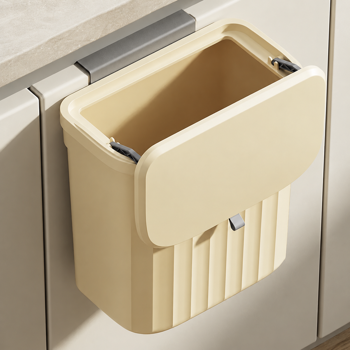 Beige two-way hanging cupboard door bin with lid open, showing inside storage tub