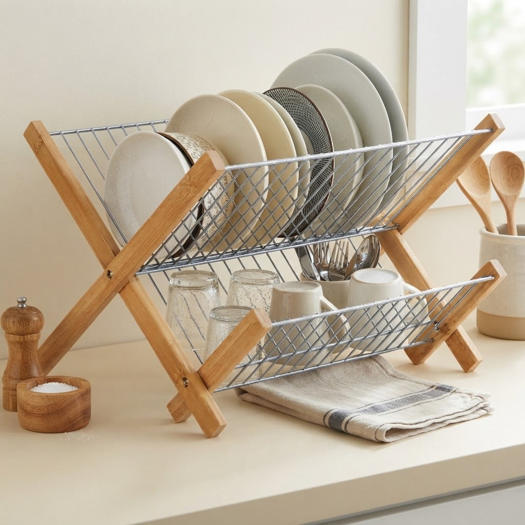 Foldable bamboo dish drying rack with chrome wire shelves holding plates and cups