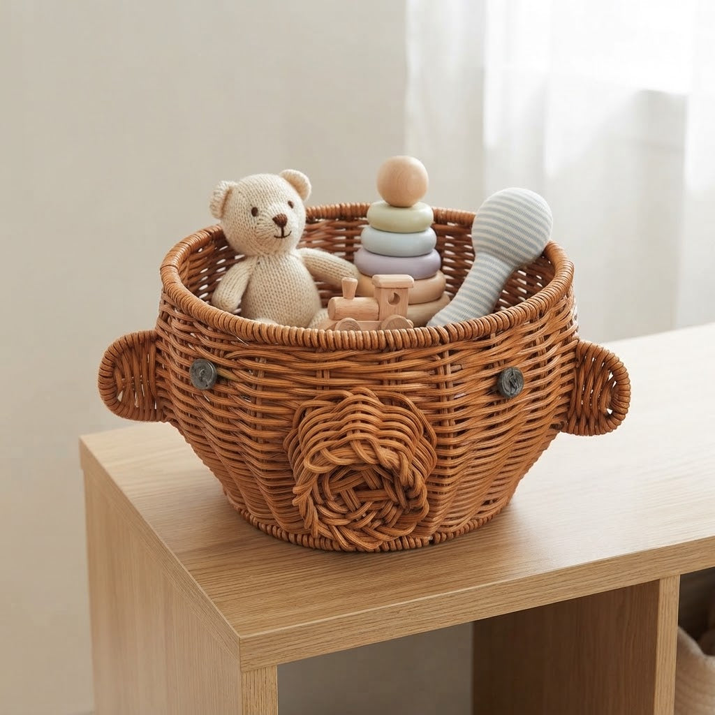 Woven bamboo animal storage basket with bear doll and braided front animal face