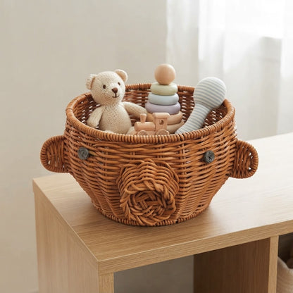 Woven bamboo animal storage basket with bear doll and braided front animal face