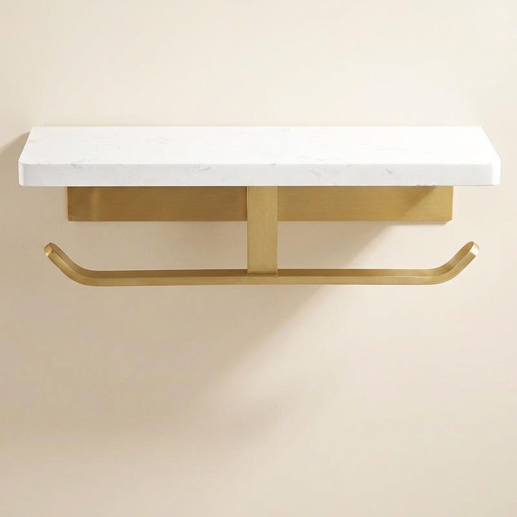 Marble-look toilet roll holder with double curved brushed gold arms and white shelf