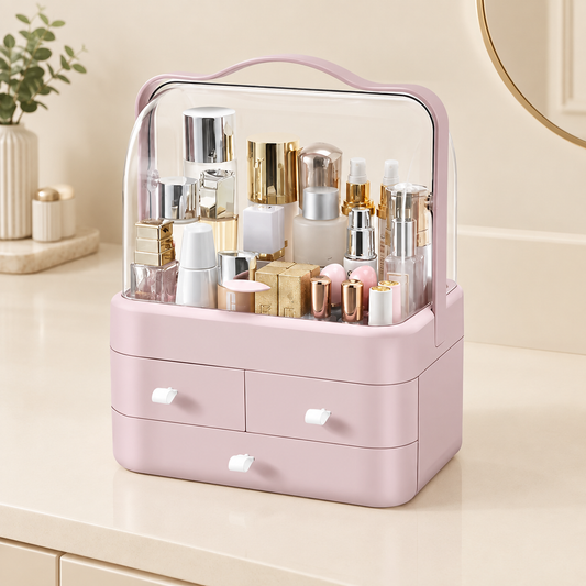 Pink lidded makeup organiser box with clear top and three drawers