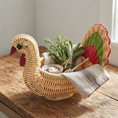 Light woven bamboo animal storage basket with rabbit-like ears, braided detail, and tray