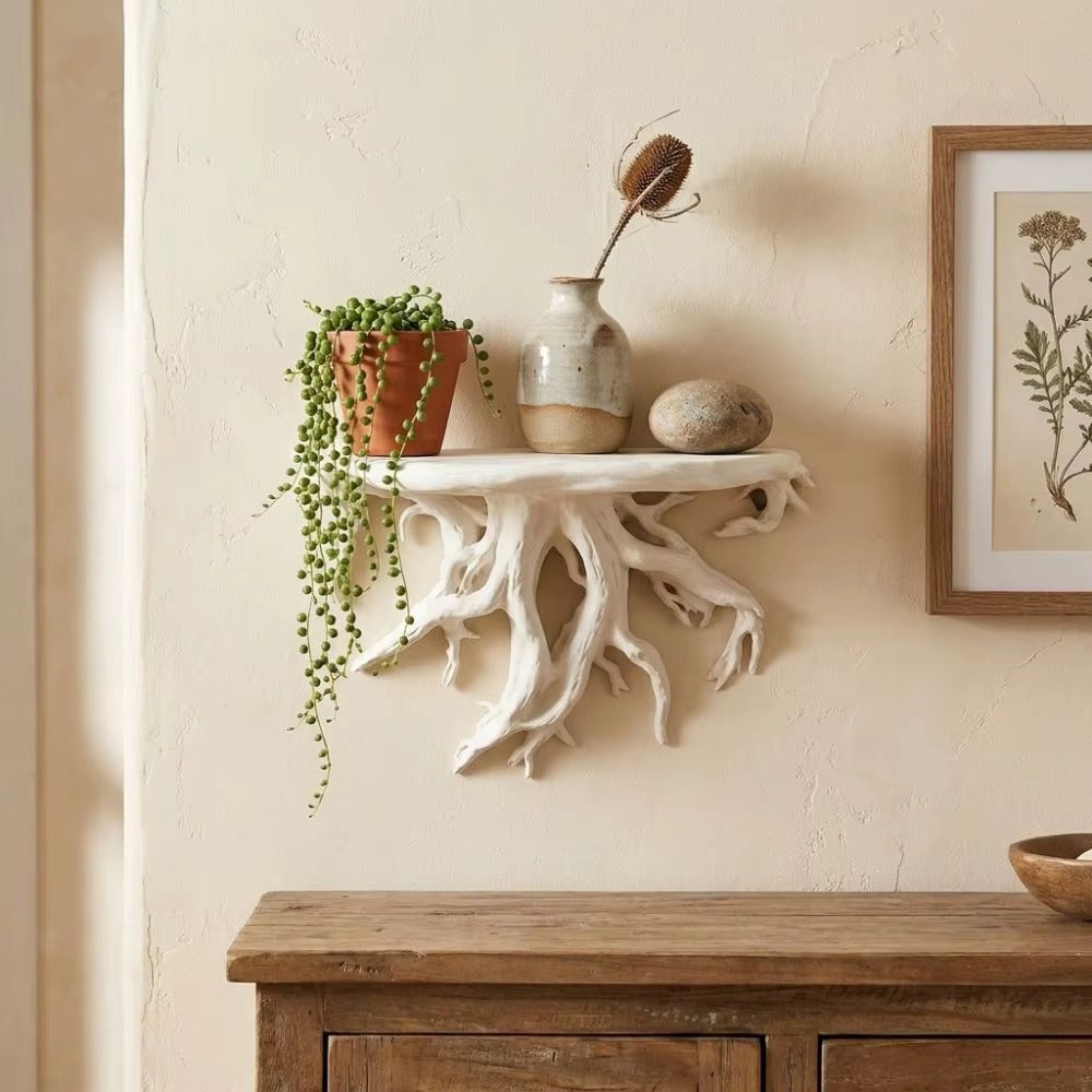 White rustic root floating wall shelf with sculpted root supports