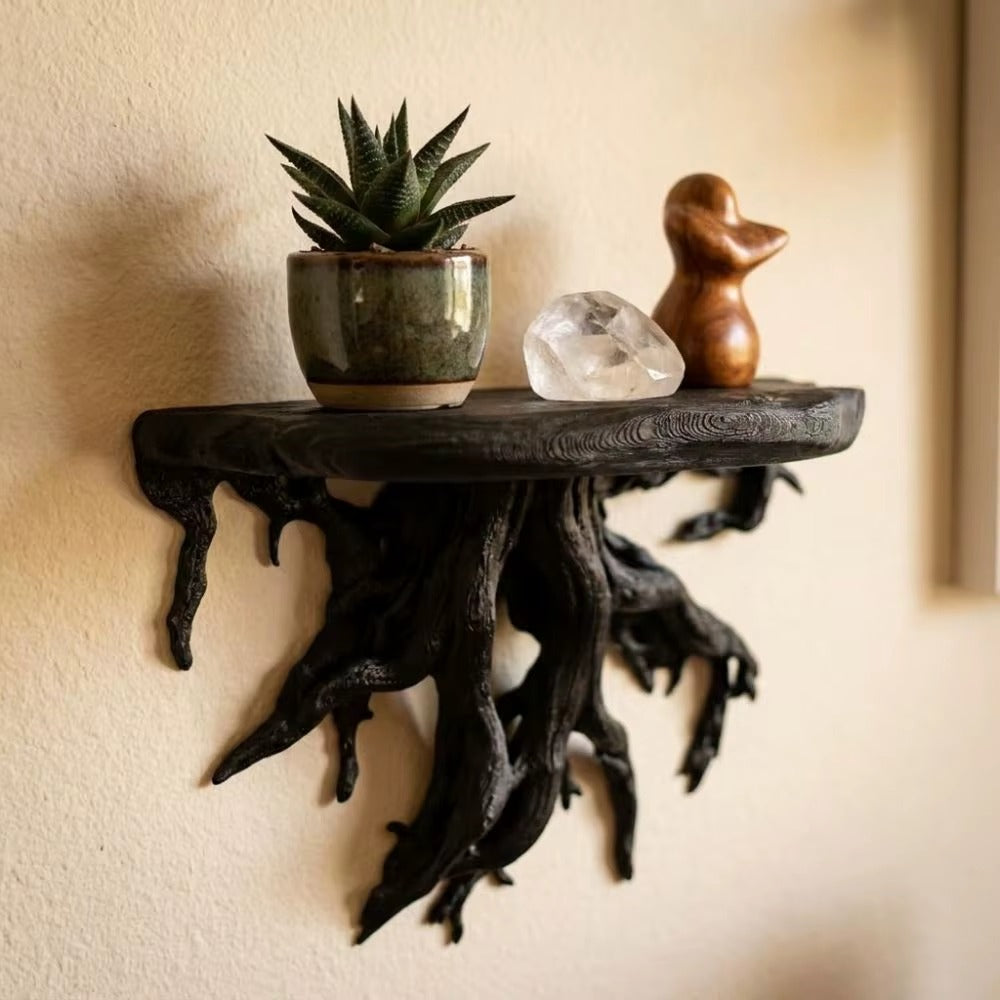 Black rustic root floating wall shelf with twisted branch-like base