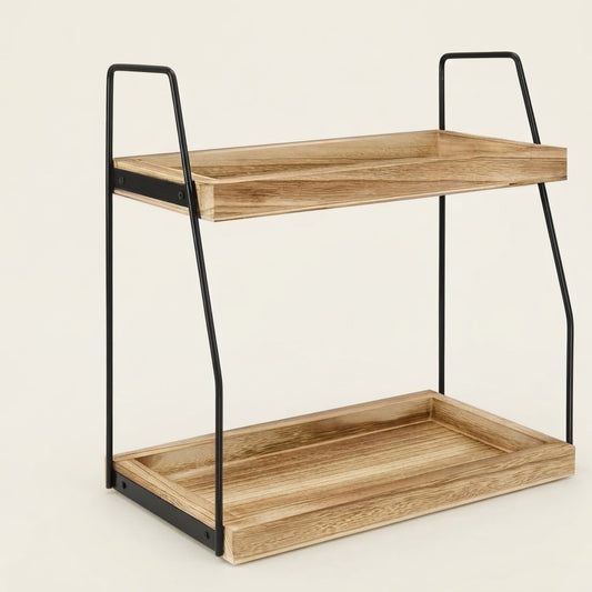 Two-tier kitchen worktop rack with light wood shelves and black metal frame