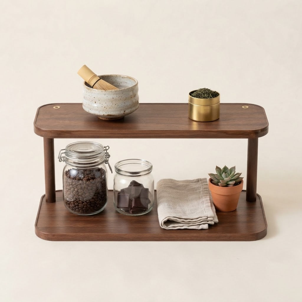 Two-tier countertop rack with rounded dark brown shelves on slim legs