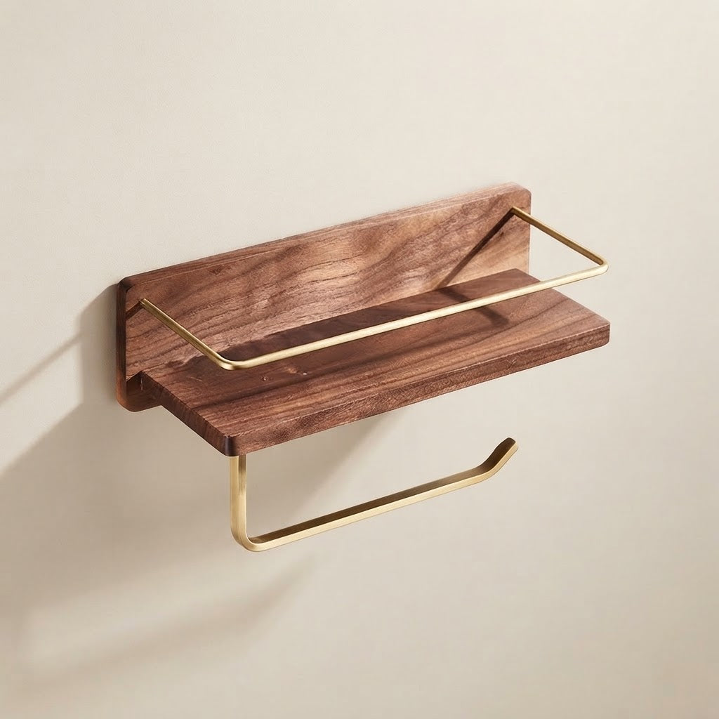Brown solid wood floating shelf with gold-tone metal rail and single front hook