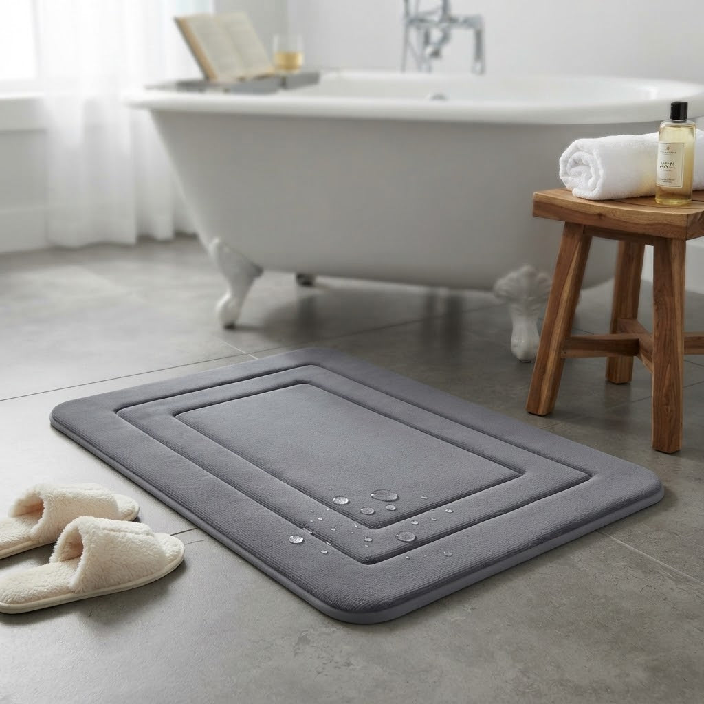 Grey cushioned non-slip bath mat with raised border and water-drop textured surface