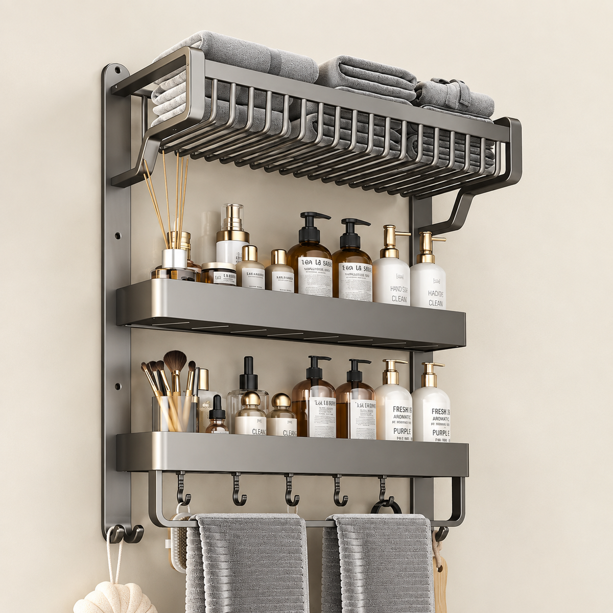 Wall-mounted aluminum shelf with towel bar, two ledges for bottles, and hanging hooks