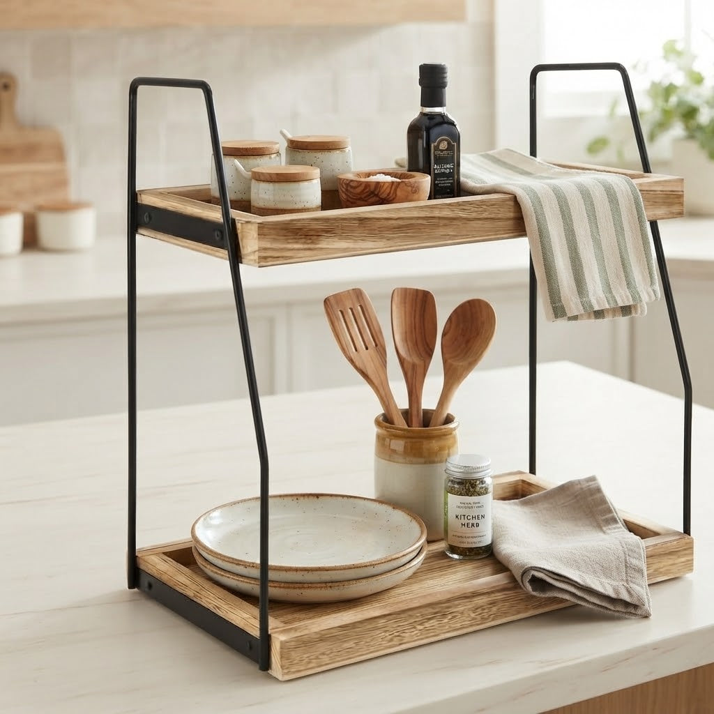 Two-tier kitchen worktop rack with light wood shelves and black metal frame